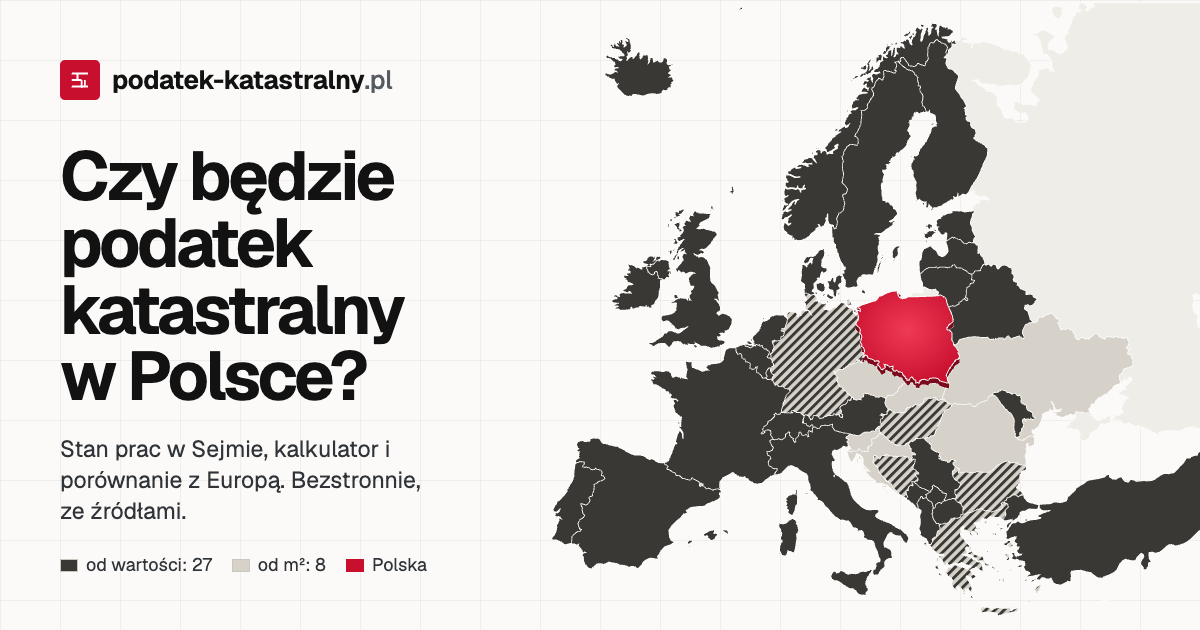 Mapa Europy: państwa liczące podatek od nieruchomości od wartości i od powierzchni, Polska wyróżniona